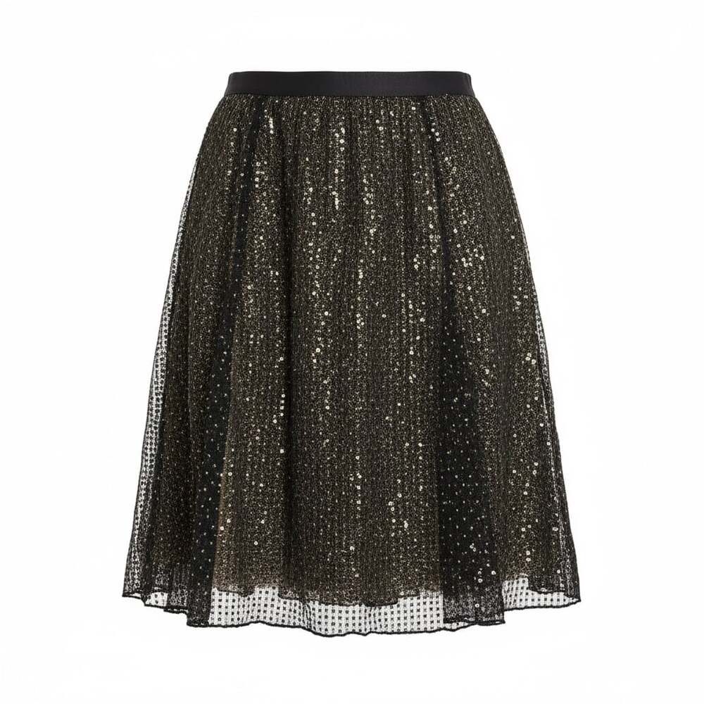 Phoebe Black Gold Sequin Tulle A-Line Midi Skirt 8 Whimsigoth